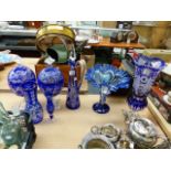 A QTY OF BLUE CUT GLASS VASES,ETC.