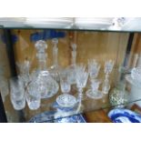 THREE DECANTERS AND VARIOUS CUT GLASS, ETC.