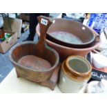 A LARGE POTTERY CROCK, COPPER PAN,ETC.