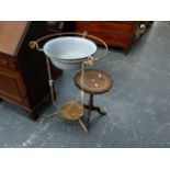 CAMPAIGN TYPE WASHSTAND AND A TRIPOD TABLE.