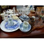 CARVED OAK BELLOWS, ASSORTED CHINAWARE AND A LOUIS WAIN PRINT.