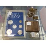 COINS, LIGHTERS AND A SILVER CIGARETTE CASE.
