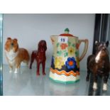 TWO BESWICK DOGS, A BESWICK PONY AND A WADE HEATH JUG.