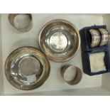 SILVER HALLMARKED NAPKIN RINGS, AND DISHES.