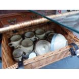 A PICNIC HAMPER AND VARIOUS DENBY POTTERY WARE.