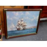 A LARGE PRINT OF SAILING SHIPS.