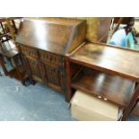 AN OAK BUREAU, A TEA TROLLY, A STOOL ETC.