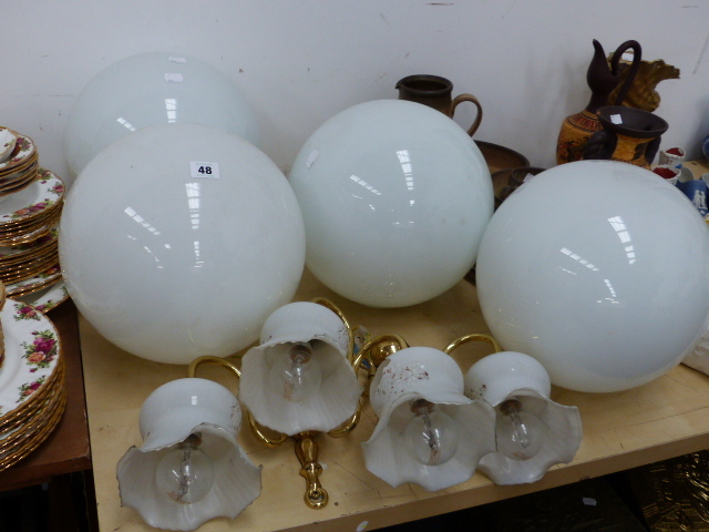 FOUR GLOBE LIGHT SHADES WITH SUPPORTS, A PAIR OF WALL LIGHTS AND A QTY OF DENBY DINNERWARE.