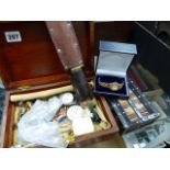 MEDALS, COINS, A PORCUPINE QUILL BOX, A DAGGER ETC.