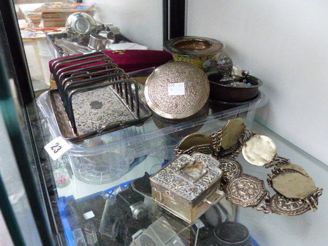 AN EASTERN PLATED GHAU BOX, OTHER EASTERN METALWARES,ETC.