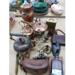 A QTY OF COPPER AND BRASSWARES, CAMERAS, BINOCULARS,ETC.