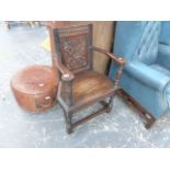 AN ANTIQUE AND LATER PANEL BACK ARMCHAIR.