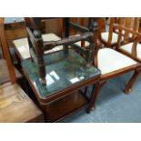 A PAIR OF MAHOGANY END TABLES.