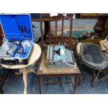 AN UNUSUAL EDWARD THE 7TH CORONATION CHAIR, A MAGAZINE RACK AND A TYPEWRITER.