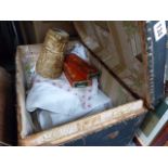 A 19th.C.TRUNK AND A QTY OF ANTIQUE LINEN, CUTLERY,ETC.