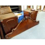 A VICTORIAN MAHOGANY TWIN PEDESTAL SIDEBOARD WITH RAISED BACK.