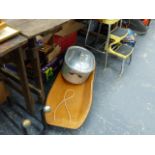 A PAIR OF ANTIQUE FIREDOGS, SCULLERY STEPS, A SLEDGE,ETC.