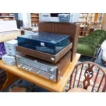 A GARRARD RECORD DECK, AMPLIFIER AND SPEAKERS.