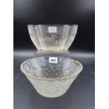 TWO WHEEL ENGRAVED CLEAR GLASS BOWLS, POSSIBLY BOHEMIAN, ONE OF ELONGATE QUATREFOIL SECTION, W.20.