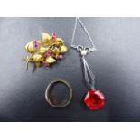 A 9CT HALLMARKED GEMSTONE FLORAL SPRAY BROOCH TOGETHER WITH A GEMSET GYPSY BAND AND A WHITE METAL,