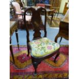 A CARVED MAHOGANY EARLY GEORGIAN BALLOON SEAT CHAIR WITH VASE FORM BACK SPLAT, NEEDLEPOINT FLORAL