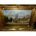 LATE 19TH.C.ENGLISH SCHOOL. A GROUP OF THATCHED COTTAGES, OIL ON CANVAS. 41 X 61CMS.