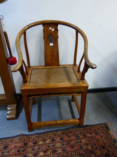 A PAIR OF CHINESE CARVED HORSESHOE SHAPE ARMCHAIRS OF CLASSIC STYLE WITH INSET RATTAN SEATS. - Image 2 of 19