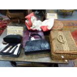 FOUR LADIES HANDBAGS TOGETHER WITH A SEWING BASKET AND ANOTHER BASKET.