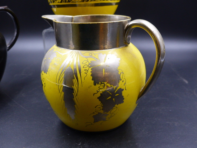 TWO ANTIQUE SILVER LUSTRED YELLOW GROUND JUGS, A BROWN GOBLET AND JUG WITH GILT INITIAL J. - Image 8 of 20
