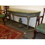 A FRENCH CARVED AND PAINTED LOUIS XVI STYLE DEMI LUNE MARBLE TOP CONSOLE TABLE WITH STOP FLUTED LEGS