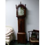 A LATE GEORGIAN MAHOGANY CASED LONG CASE CLOCK WITH 8 DAY MOVEMENT, 13" PAINTED ARCHTOP DIAL