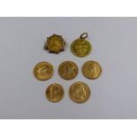 A 1793 GEO.IV FIXED PENDANT SPADE GUINEA TOGETHER WITH FOUR FULL SOVEREIGNS DATED 1898, 1900,