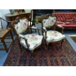 A PAIR OF FRENCH CARVED WALNUT LOUIS XV STYLE LATE 19TH/EARLY 20TH.C.ARMCHAIRS.