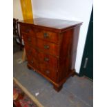 AN INLAID WALNUT GEORGIAN AND LATER COTTAGE FOUR DRAWER CHEST ON BRACKET FEET. W.98 X D.57 X H.