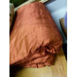 A PAIR OF WHITE INTERLINED RUST COLOURED SILK CURTAINS APPROXIMATELY 225 X