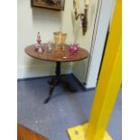 A MAHOGANY INLAID GEORGIAN AND LATER BIRDCAGE TILT TOP CIRCULAR TABLE. DIA.88 X H.69CMS.