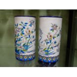 A PAIR OF CYLINDRIAL VASES DECORATED IN THE LONGWY STYLE WITH KINGFISHERS AMONGST WATERLILIES. H.