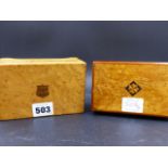 TWO BIRD'S EYE MAPLE CASED MUSIC BOXES EACH PLAYING FOUR AIRS ON COMBS. W.7CMS.