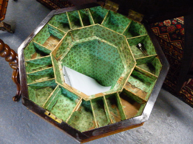 A VICTORIAN CARVED AND INLAID ROSEWOOD WORK TABLE WITH OCTAGONAL TOP INLAID WITH GAMEBOARD ON TRIFID - Image 3 of 7