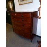 A CARVED MAHOGANY LATE REGENCY BOW FRONT CHEST OF SIX DRAWERS, TWO ABOVE FOUR GRADUATED DRAWERS WITH