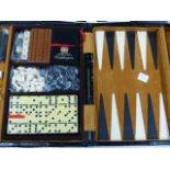 A LEATHER CASED GAMES COMPENDIUM TO INCLUDE DOMINOES, CHESS, BACKGAMMON, DICE AND WADDINGTON'S