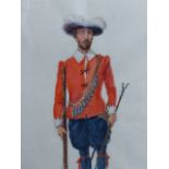 REGINALD WYMER. (1845-1935) PORTRAIT OF A CYMBAL PLAYER 1ST.GUARDS, 1830, SIGNED WATERCOLOUR
