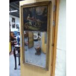 AN ANTIQUE FRENCH CARVED GILTWOOD TRUMEAU MIRROR, THE RECTANGULAR PLATE SURMOUNTED BY AN OIL ON