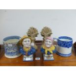 TWO LARGE 19TH.C.BLUE AND WHITE CRESTED MUGS TOGETHER WITH A PAIR OF ANTIQUE CAST IRON WHEATSHEAF