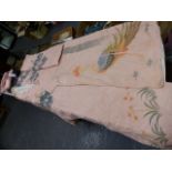 A JAPANESE PINK SILK KIMONO AND OBI PRINTED WITH BIRDS AND FLOWERS TOGETHER WITH A CHINESE WHITE