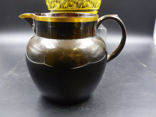 TWO ANTIQUE SILVER LUSTRED YELLOW GROUND JUGS, A BROWN GOBLET AND JUG WITH GILT INITIAL J. - Image 12 of 20