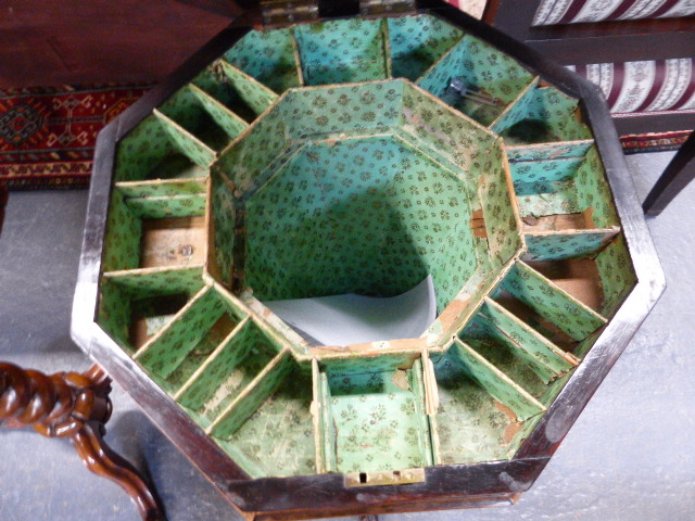 A VICTORIAN CARVED AND INLAID ROSEWOOD WORK TABLE WITH OCTAGONAL TOP INLAID WITH GAMEBOARD ON TRIFID - Image 6 of 7