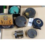 A CHAS.FALLOW & CO 3 1/5" FISHING REEL, AN UNSIGNED 3 1/5" BRASS REEL, A W H HAMLIN 3" REEL AND