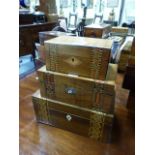 THREE VARIOUSLY FITTED TUNBRIDGEWARE WORK BOXES. W.31, 25.5, 20CMS