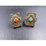 TWO 9CT STAMPED ORNATE DRESS RINGS SET WITH MARCASITE AND HARDSTONE. GROSS WEIGHT 10.7GRMS.